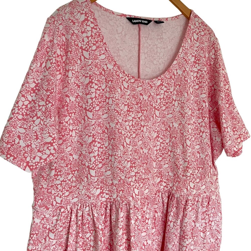 Lands End T Shirt Dress Size 2X 20W / 22W Pink White Floral Scoop Neck Casual